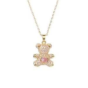 Gold and Pink Teddy Bear Pendant Necklace